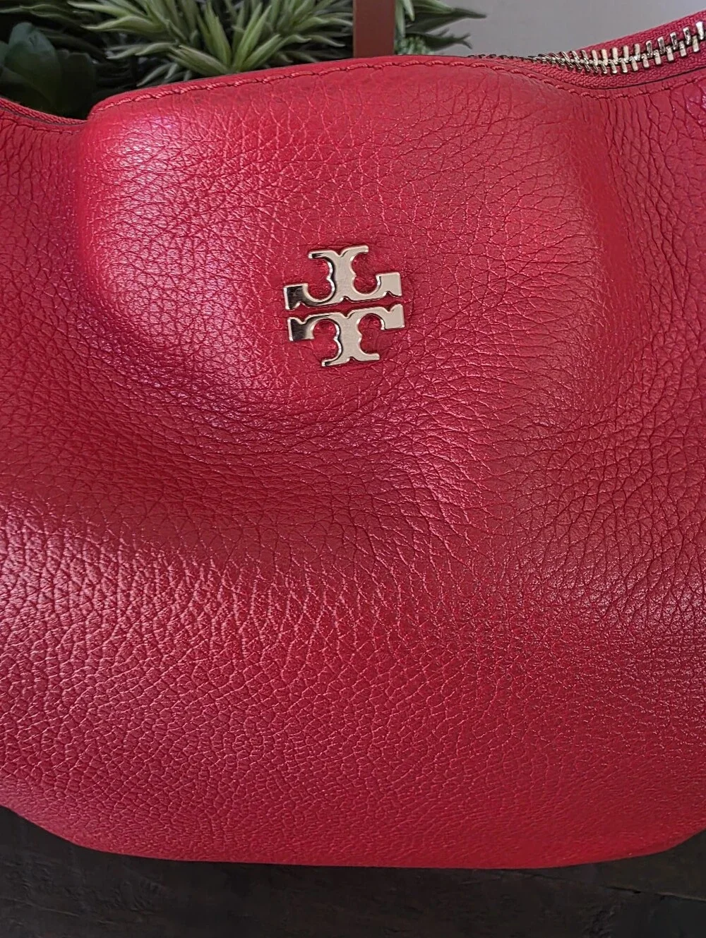 Tory Burch Carter Slouchy Hobo Poppy Red Pebbled Leather Chain Shoulder Bag